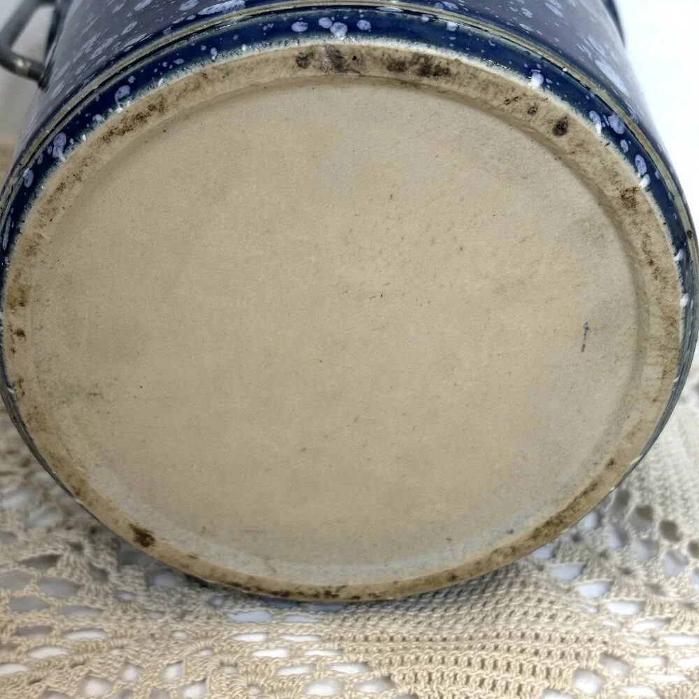 * Stoneware Cheese Butter Crock Jar wire Bail Lid Speckled Cobalt Blue Vintage